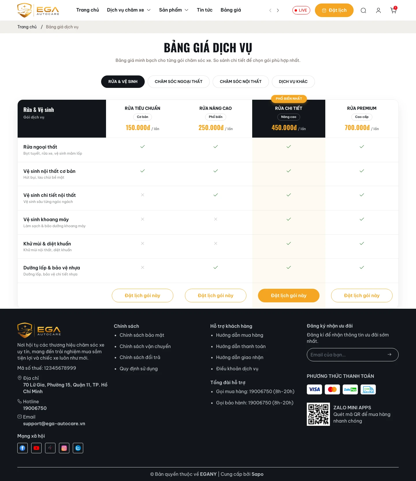 Trang /bang-gia: nhiều tab, mỗi tab nhiều cột gói.