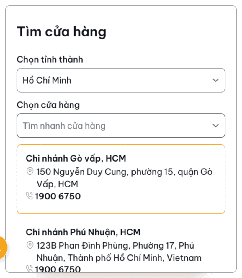 Chọn tỉnh/thành - danh sách chi nhánh gợi ý đổi theo.