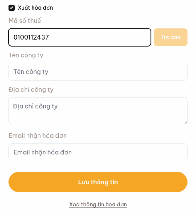 Tra cứu mã số thuế - tên và địa chỉ công ty tự điền vào form.