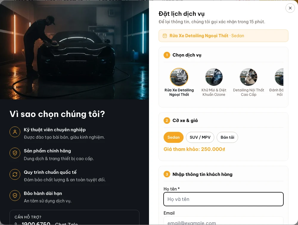 Form đặt lịch hẹn - chọn dịch vụ, chi nhánh và thời gian.