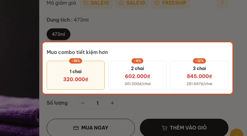 Bộ thẻ chọn combo tiết kiệm trên trang sản phẩm.