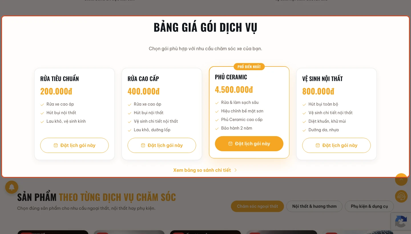 Bảng giá gói rút gọn trên trang chủ.