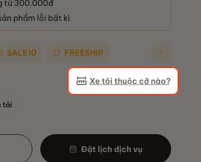 Liên kết mở bảng chọn cỡ xe, cạnh ô chọn biến thể.
